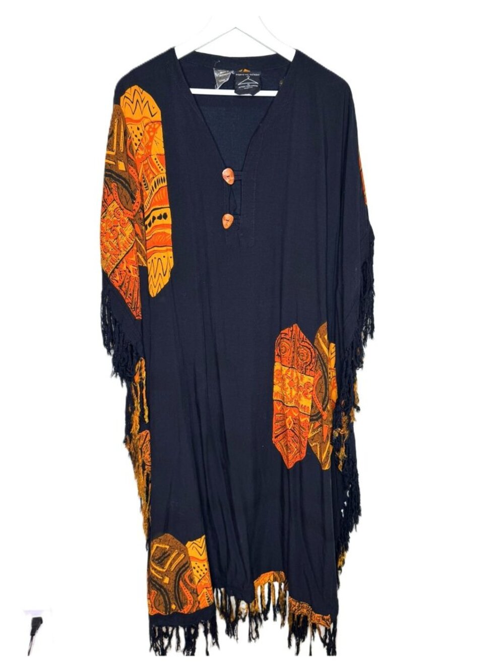 Vintage 90s Black & Orange Boho Maxi-Length Kaftan, Fringe Accents, Art-to-Wear